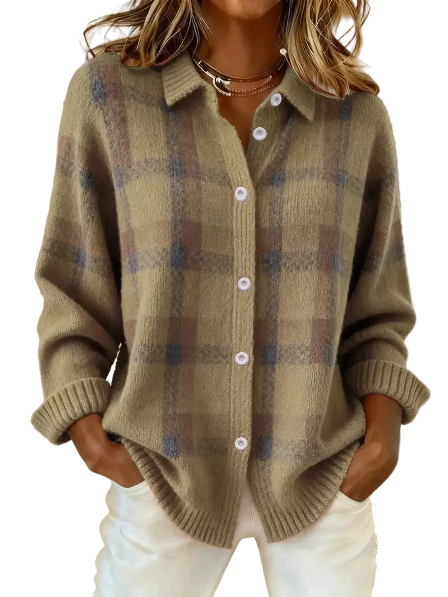 Plaid Button-Up Cardigan Khaki / S The Nichole Collection