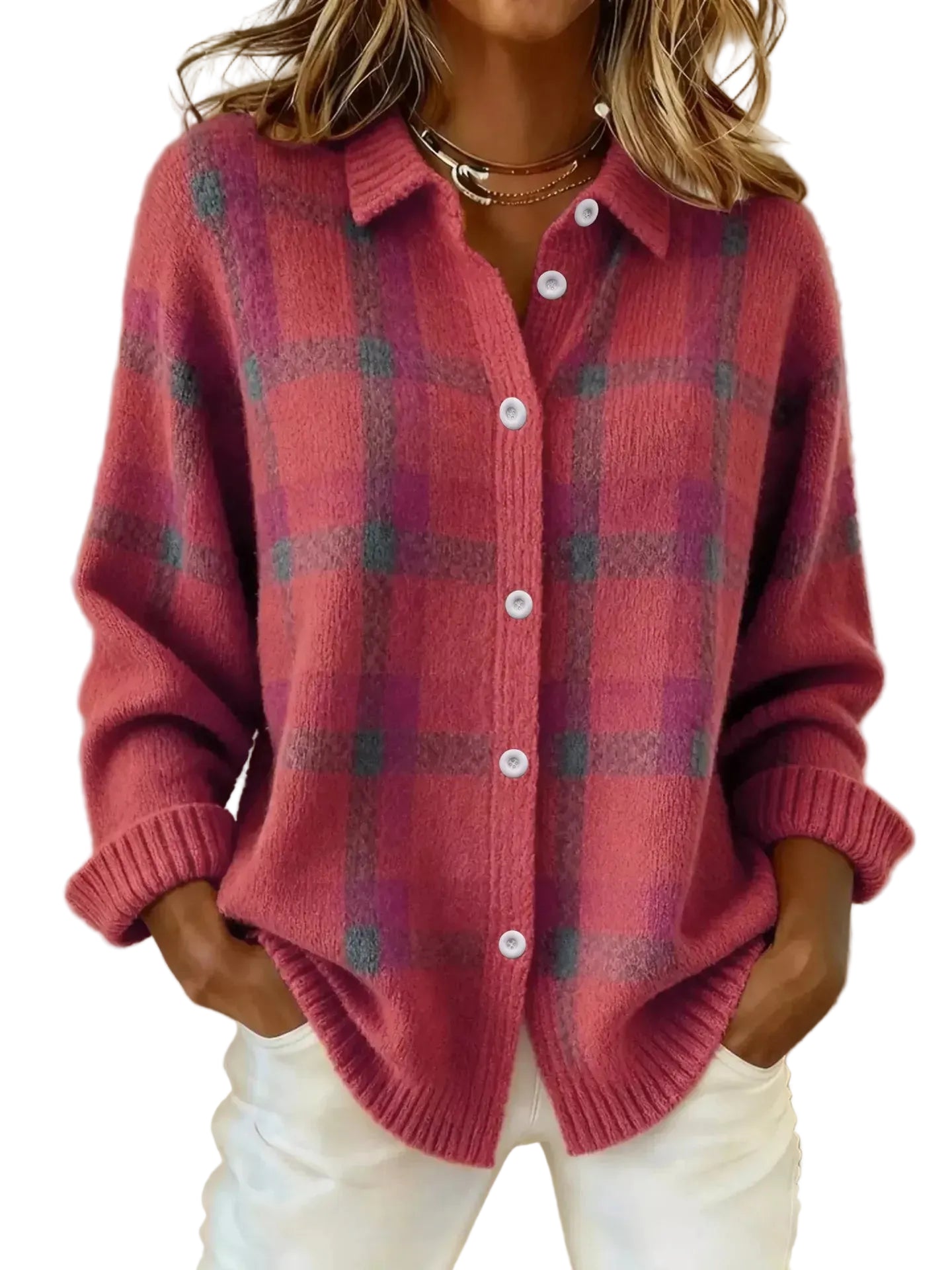 Plaid Button-Up Cardigan Rose Red / S The Nichole Collection