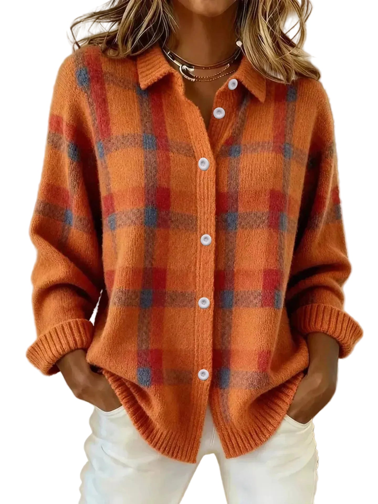 Plaid Button-Up Cardigan Orange / S The Nichole Collection
