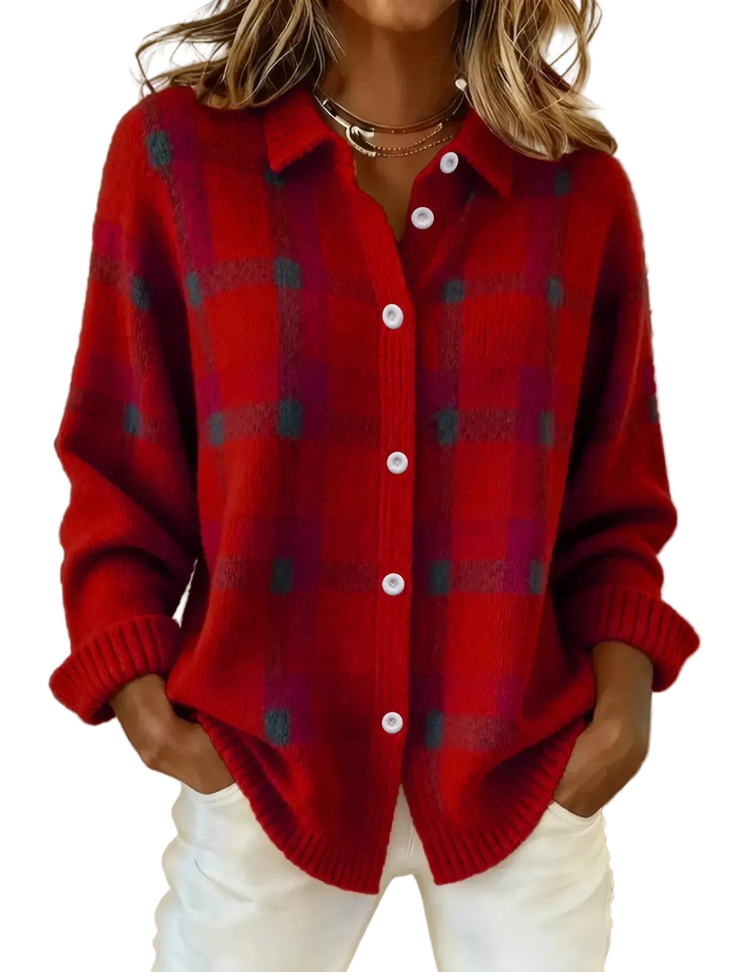 Plaid Button-Up Cardigan Red / S The Nichole Collection