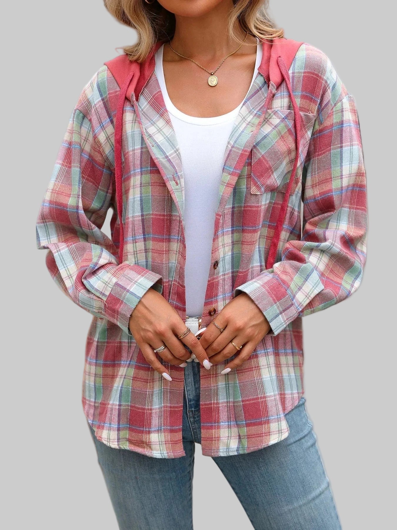Plaid Button-Up Hooded Shirt The Nichole Collection
