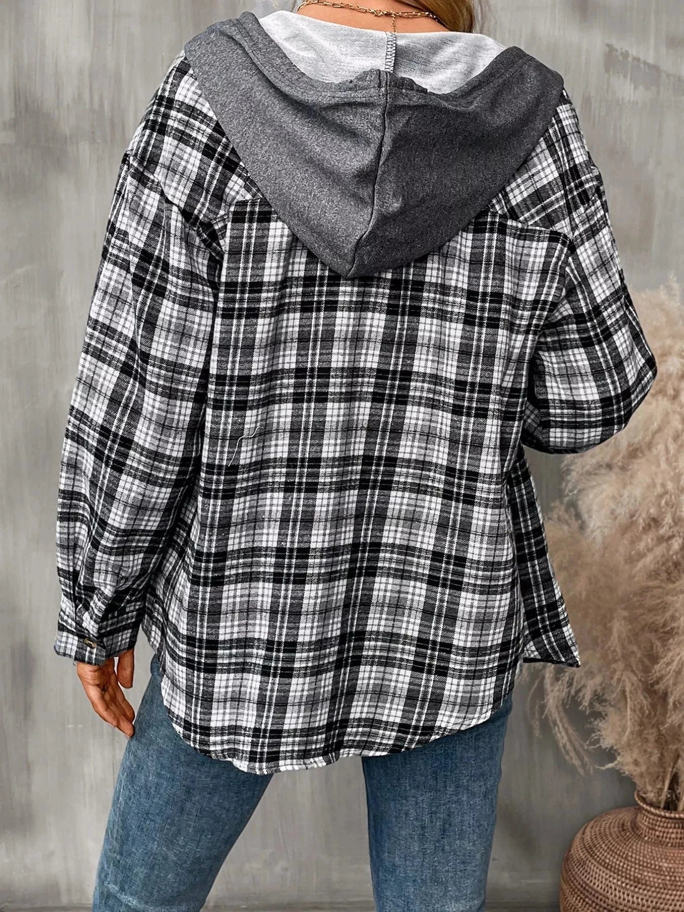 Plaid Button-Up Hooded Shirt The Nichole Collection