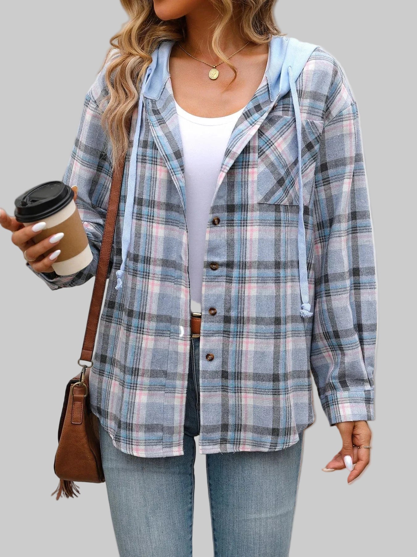 Plaid Button-Up Hooded Shirt The Nichole Collection