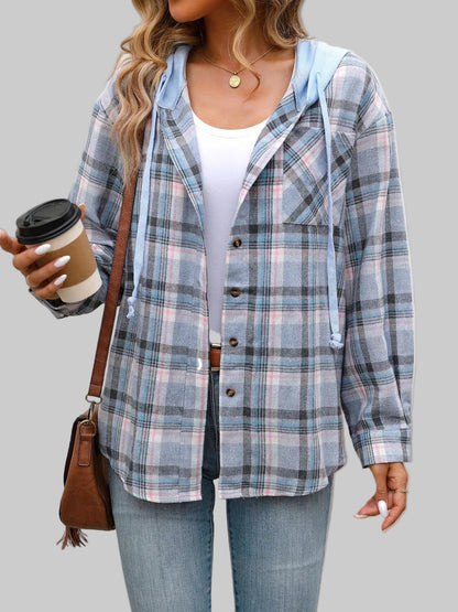 Plaid Button-Up Hooded Shirt The Nichole Collection