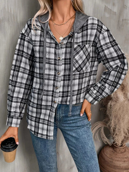 Plaid Button-Up Hooded Shirt The Nichole Collection