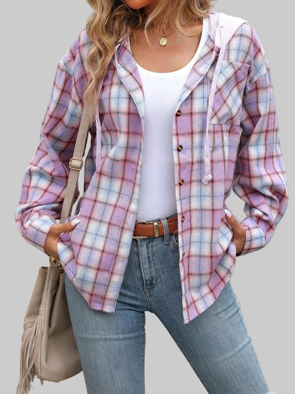 Plaid Button-Up Hooded Shirt Purple / S The Nichole Collection