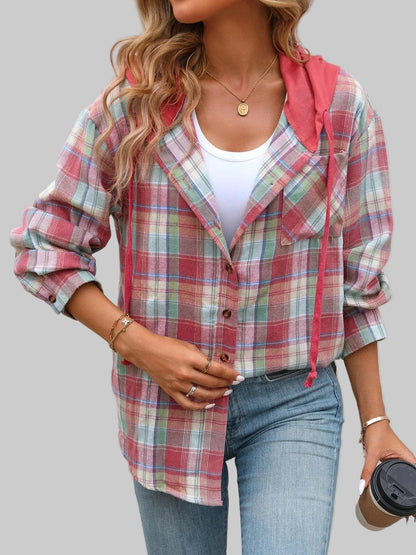 Plaid Button-Up Hooded Shirt Red / S The Nichole Collection