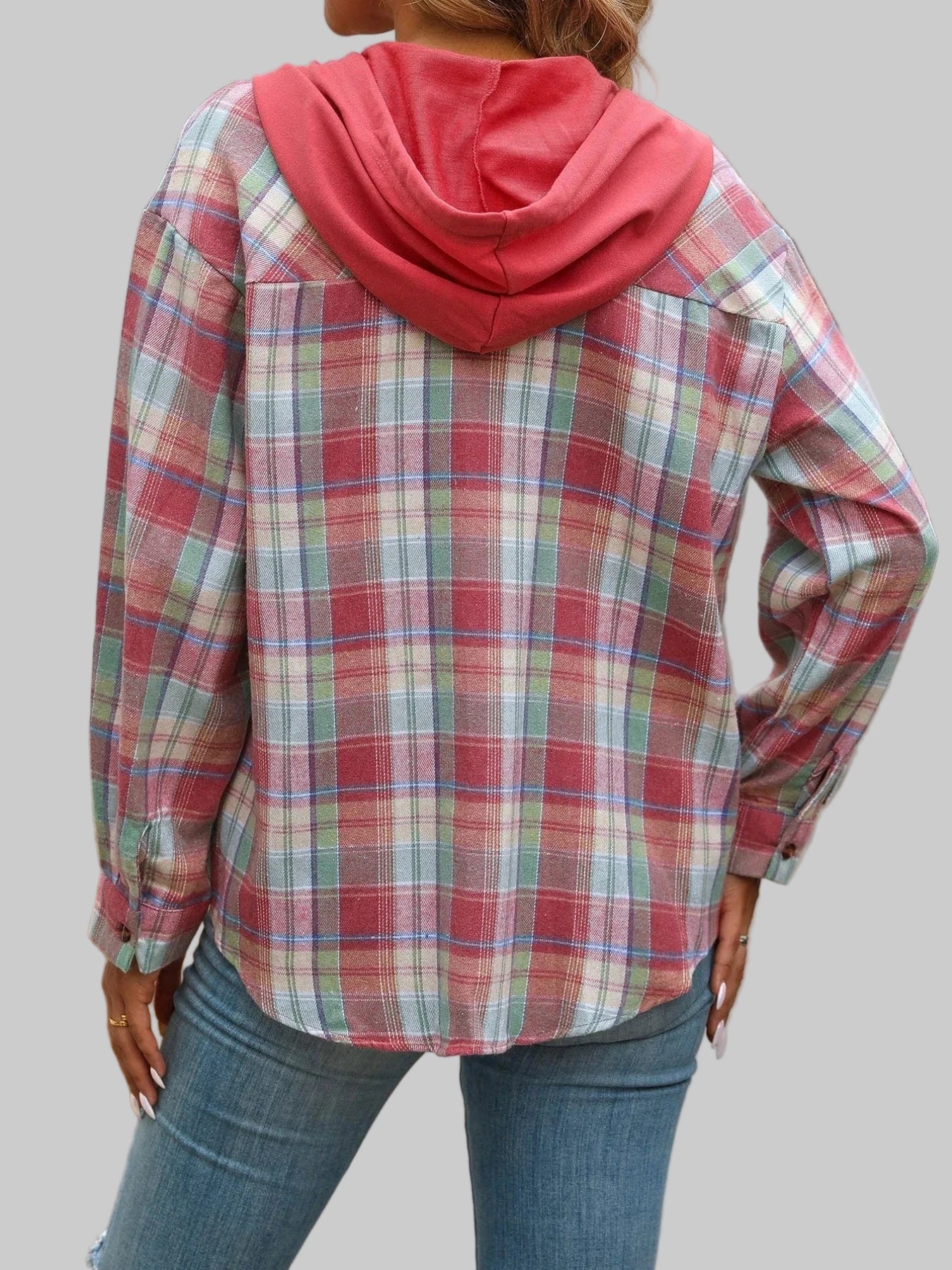 Plaid Button-Up Hooded Shirt The Nichole Collection