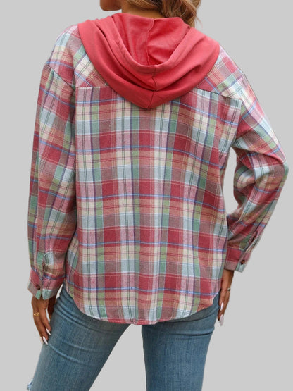 Plaid Button-Up Hooded Shirt The Nichole Collection