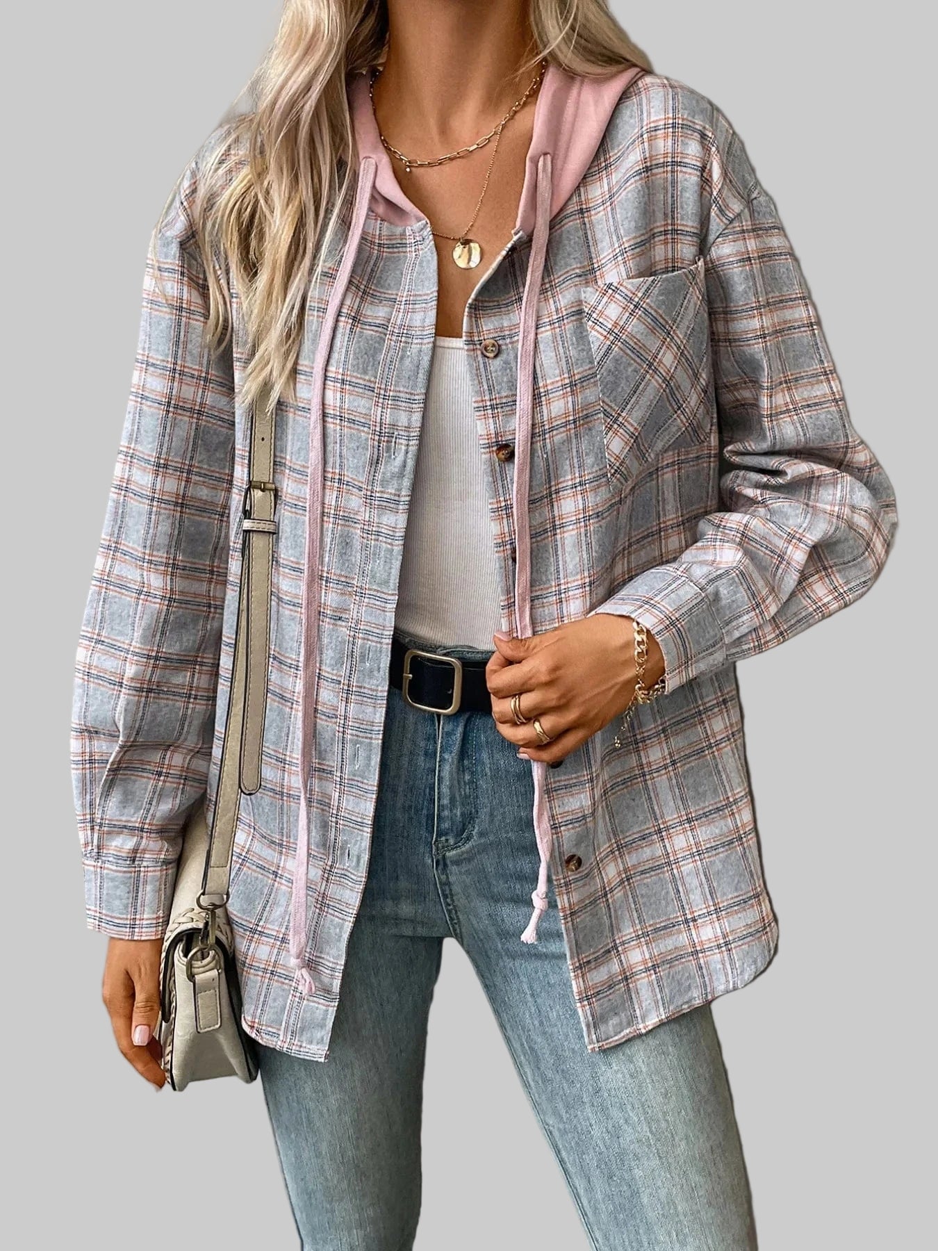 Plaid Button-Up Hooded Shirt The Nichole Collection
