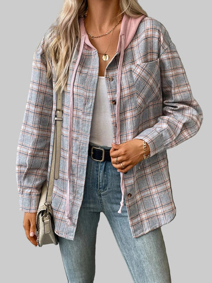 Plaid Button-Up Hooded Shirt The Nichole Collection