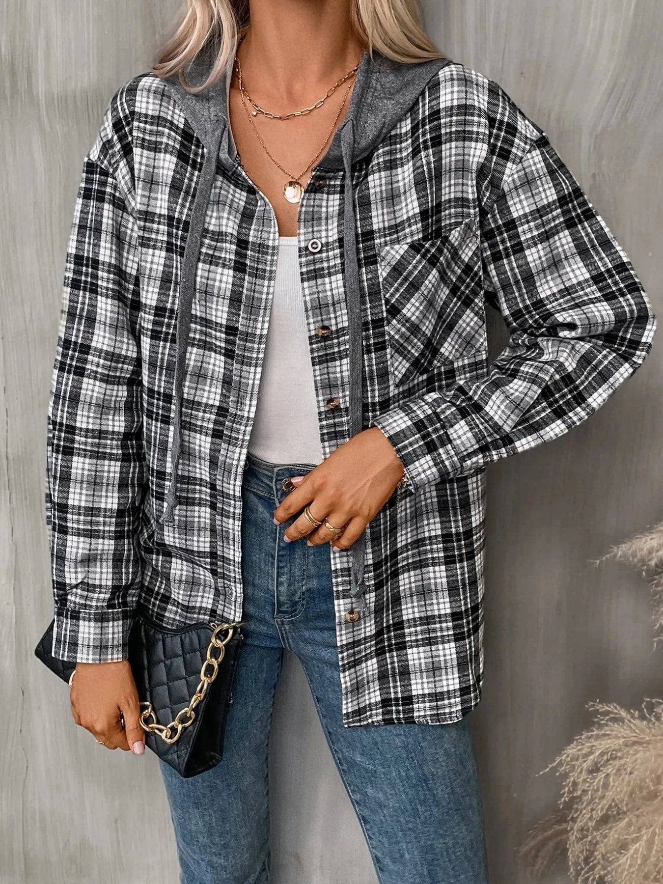 Plaid Button-Up Hooded Shirt Black / S The Nichole Collection