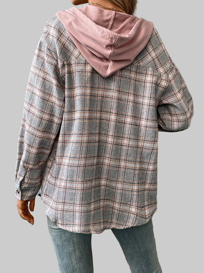 Plaid Button-Up Hooded Shirt The Nichole Collection