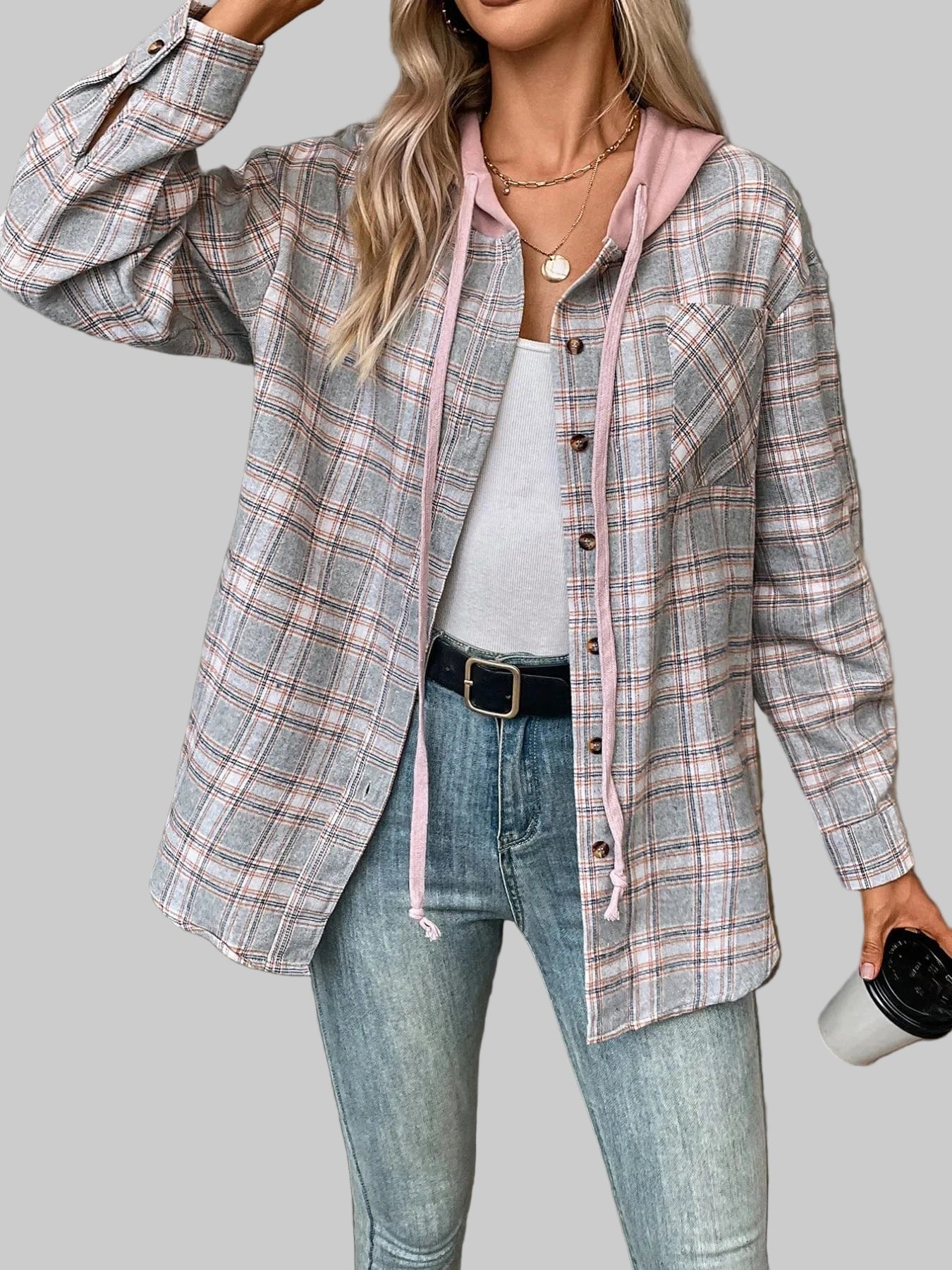 Plaid Button-Up Hooded Shirt Grey / S The Nichole Collection