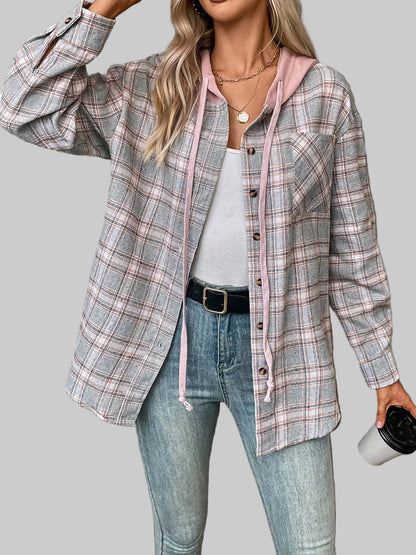 Plaid Button-Up Hooded Shirt Grey / S The Nichole Collection