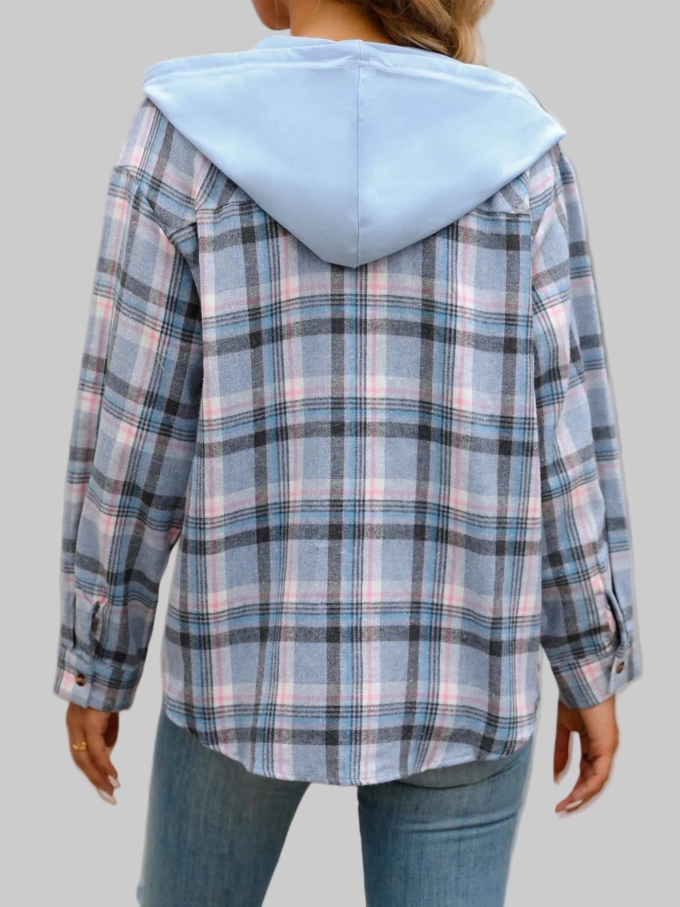 Plaid Button-Up Hooded Shirt The Nichole Collection
