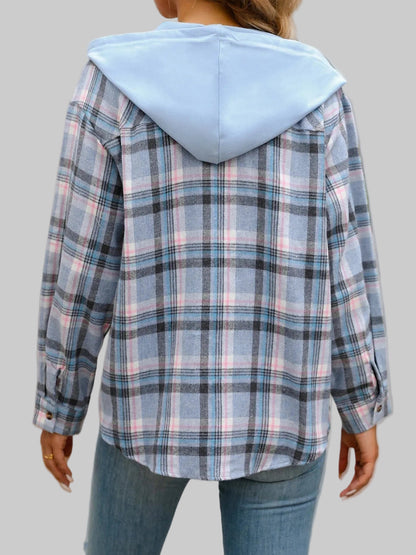 Plaid Button-Up Hooded Shirt The Nichole Collection