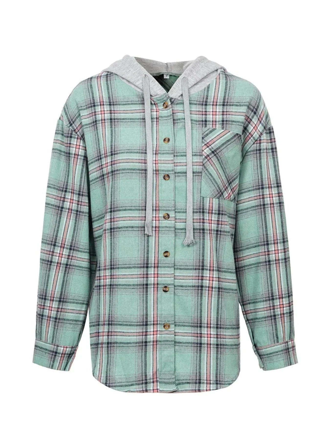 Plaid Button-Up Hooded Shirt Green / S The Nichole Collection