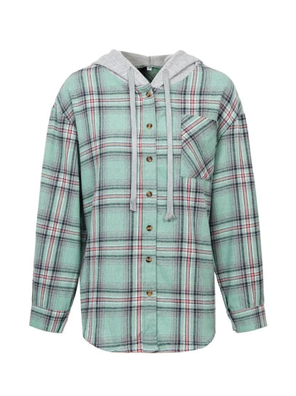 Plaid Button-Up Hooded Shirt Green / S The Nichole Collection