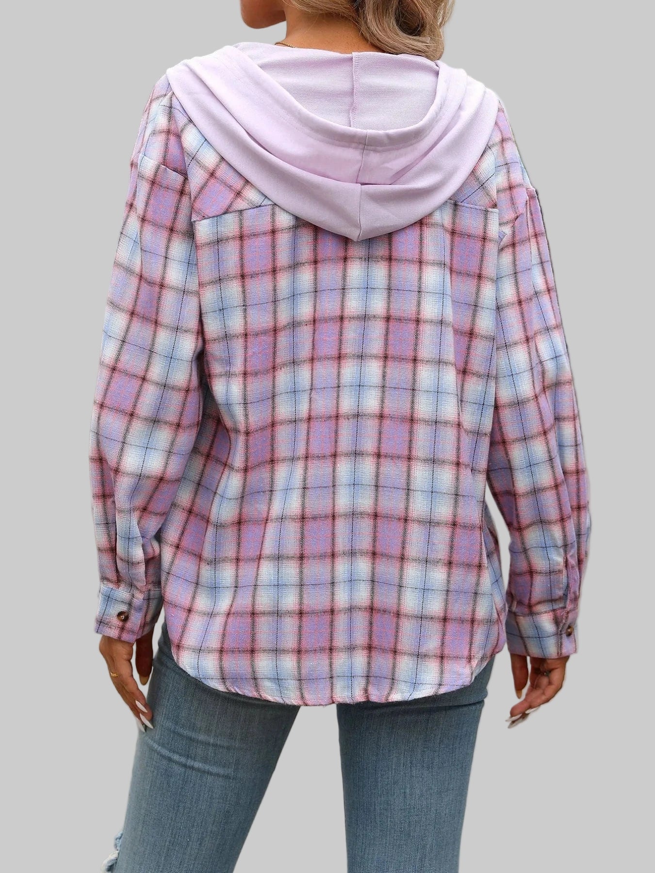 Plaid Button-Up Hooded Shirt The Nichole Collection