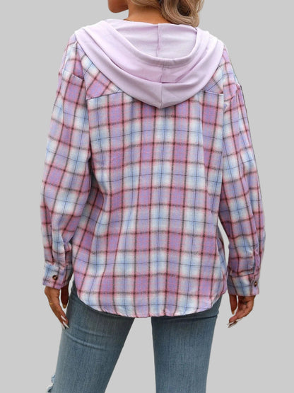 Plaid Button-Up Hooded Shirt The Nichole Collection
