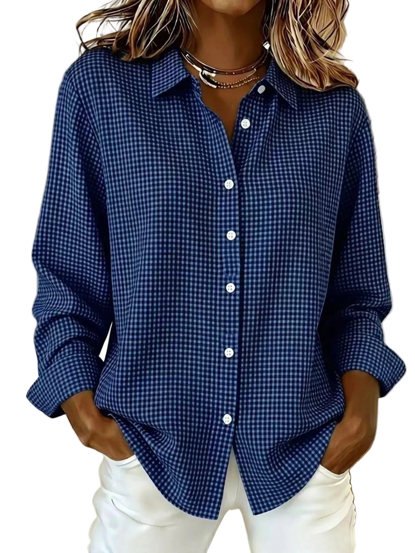 Plaid Button Up Long Sleeve Shirt Navy Blue / XS The Nichole Collection - Official Site