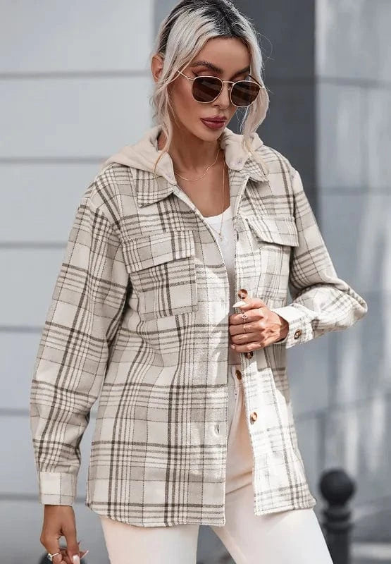 Plaid Removable Hood Button Up Shacket The Nichole Collection