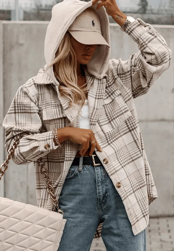 Plaid Removable Hood Button Up Shacket The Nichole Collection