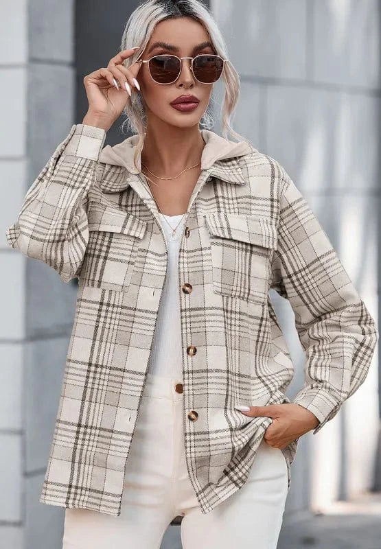 Plaid Removable Hood Button Up Shacket The Nichole Collection