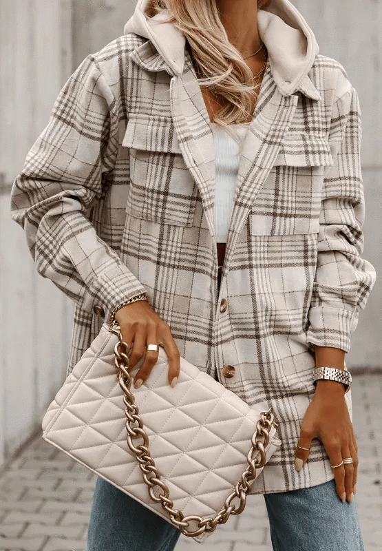 Plaid Removable Hood Button Up Shacket Plaid / S The Nichole Collection