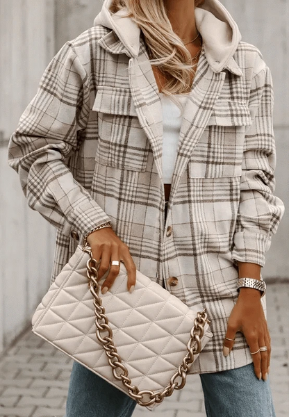 Plaid Removable Hood Button Up Shacket Plaid / S The Nichole Collection