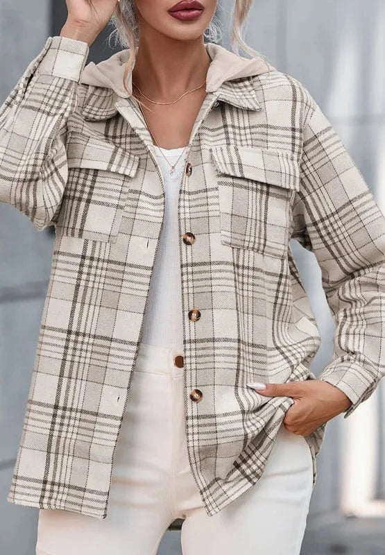 Plaid Removable Hood Button Up Shacket The Nichole Collection
