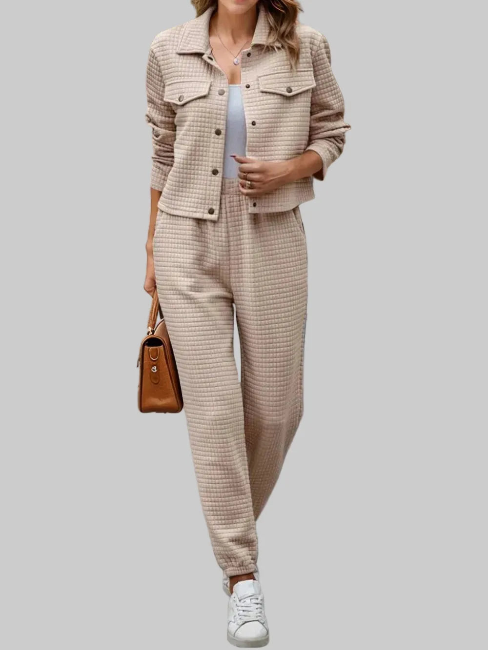 Plaid Texture Snap Down Top and Pants Set Tan / S The Nichole Collection