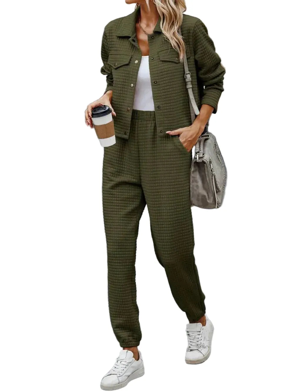 Plaid Texture Snap Down Top and Pants Set The Nichole Collection