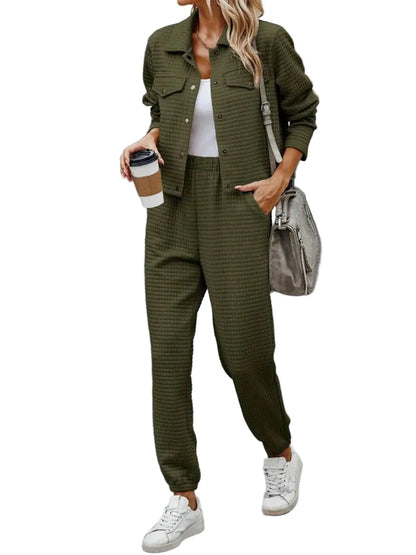 Plaid Texture Snap Down Top and Pants Set The Nichole Collection