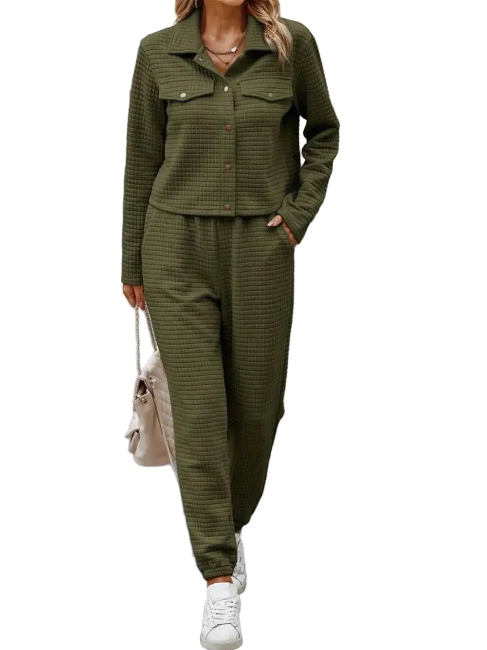 Plaid Texture Snap Down Top and Pants Set The Nichole Collection