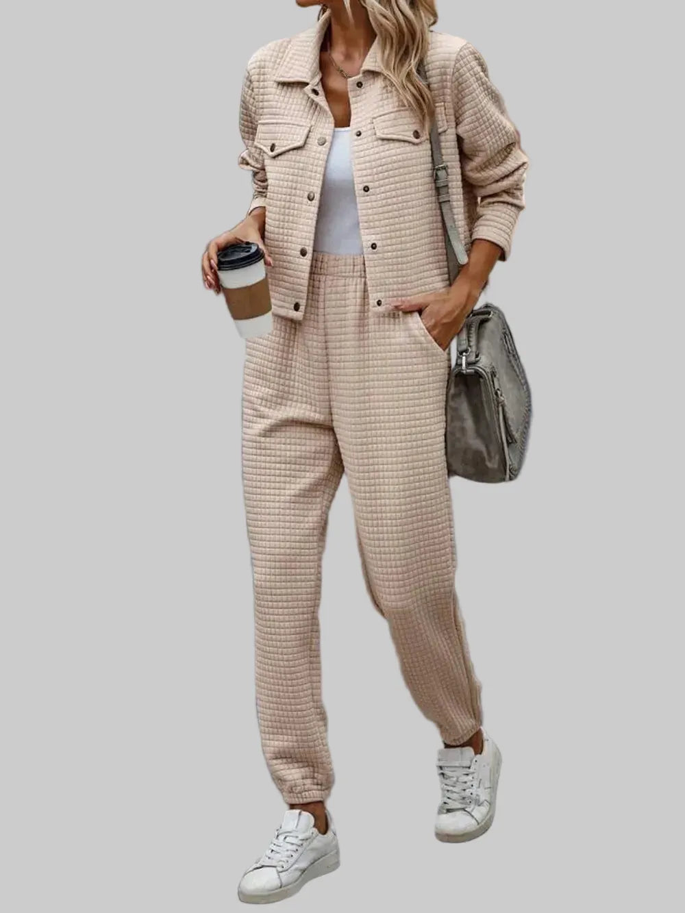 Plaid Texture Snap Down Top and Pants Set The Nichole Collection