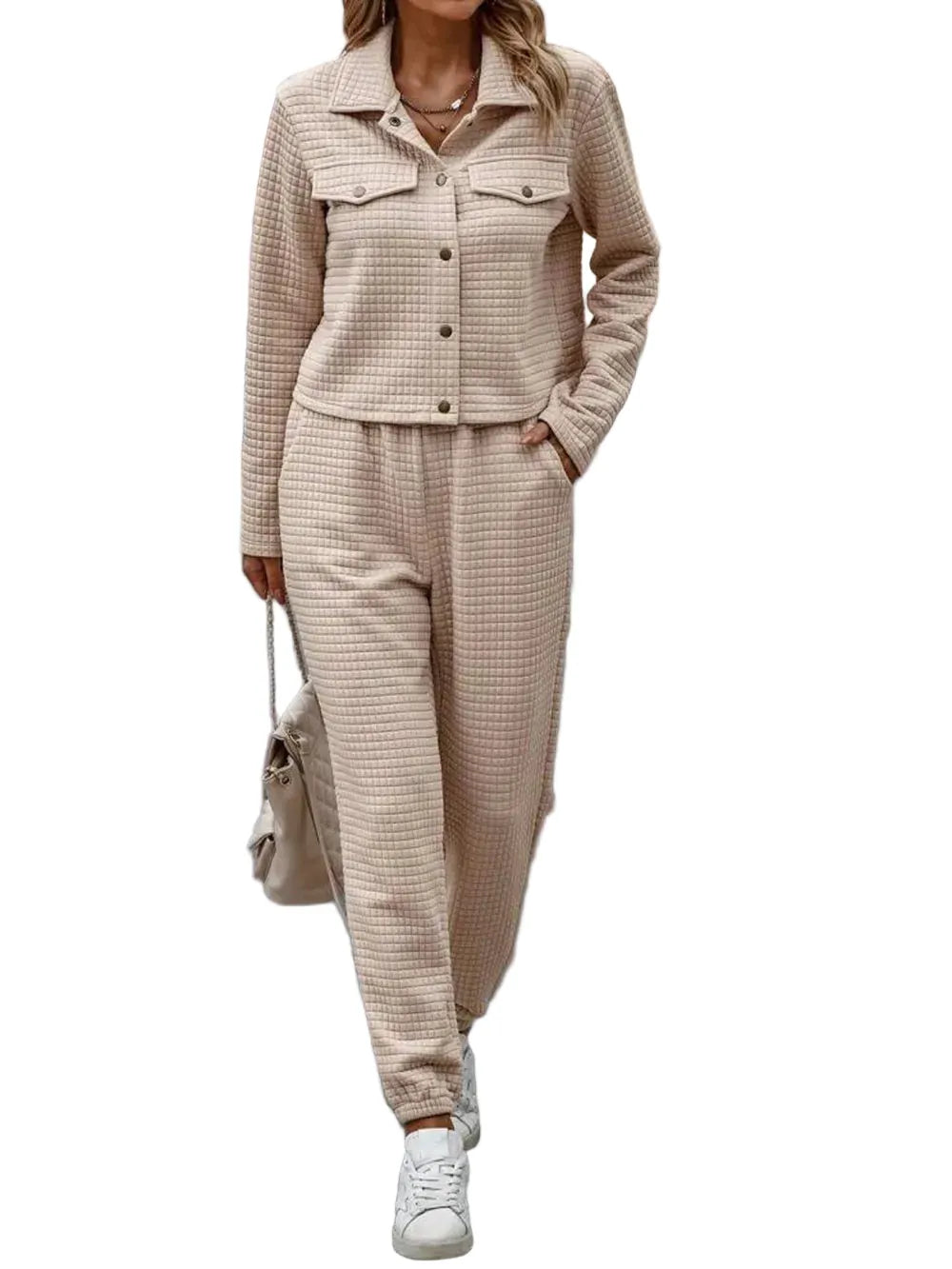 Plaid Texture Snap Down Top and Pants Set The Nichole Collection