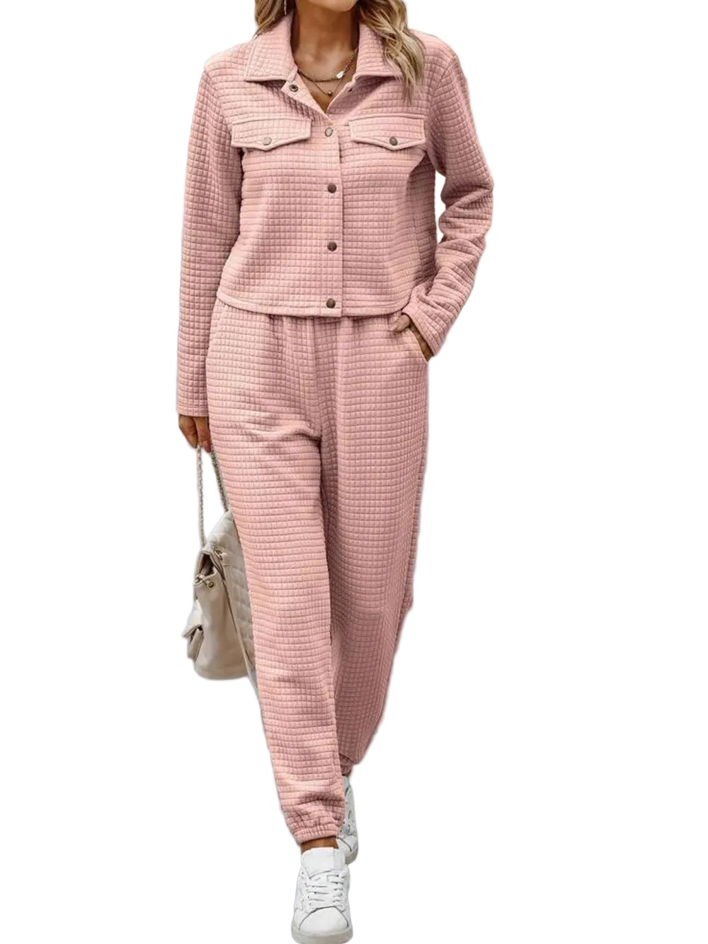 Plaid Texture Snap Down Top and Pants Set The Nichole Collection