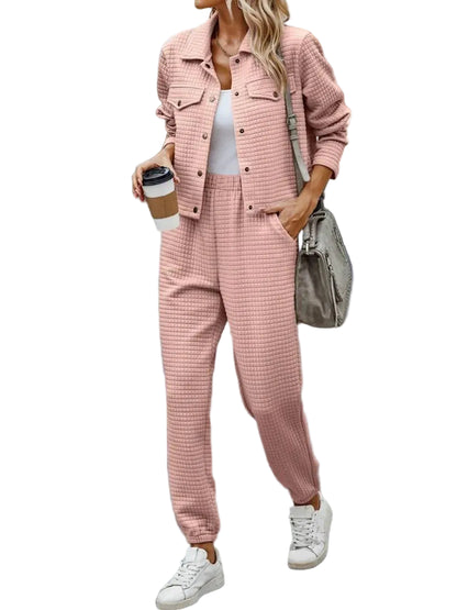 Plaid Texture Snap Down Top and Pants Set The Nichole Collection