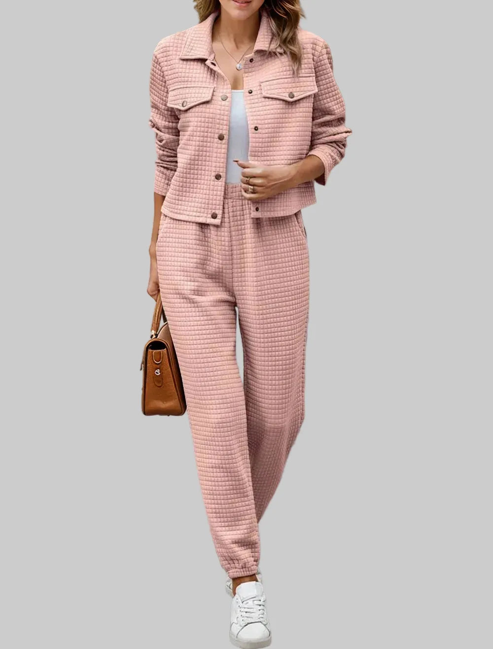Plaid Texture Snap Down Top and Pants Set Watermelon pink / S The Nichole Collection