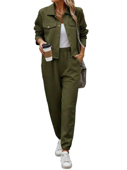 Plaid Texture Snap Down Top and Pants Set The Nichole Collection