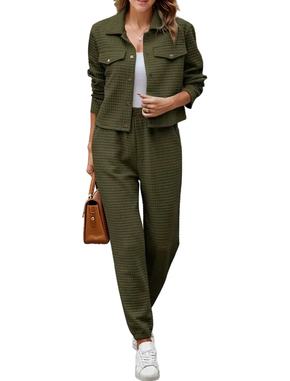 Plaid Texture Snap Down Top and Pants Set Army Green / S The Nichole Collection