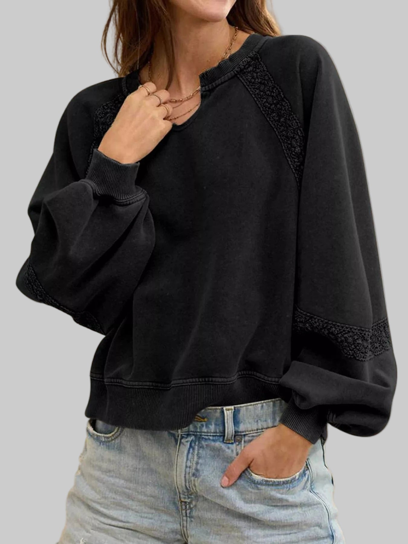 Playful Lace Detail Notched Sweatshirt Sweatshirt Black / S The Nichole Collection