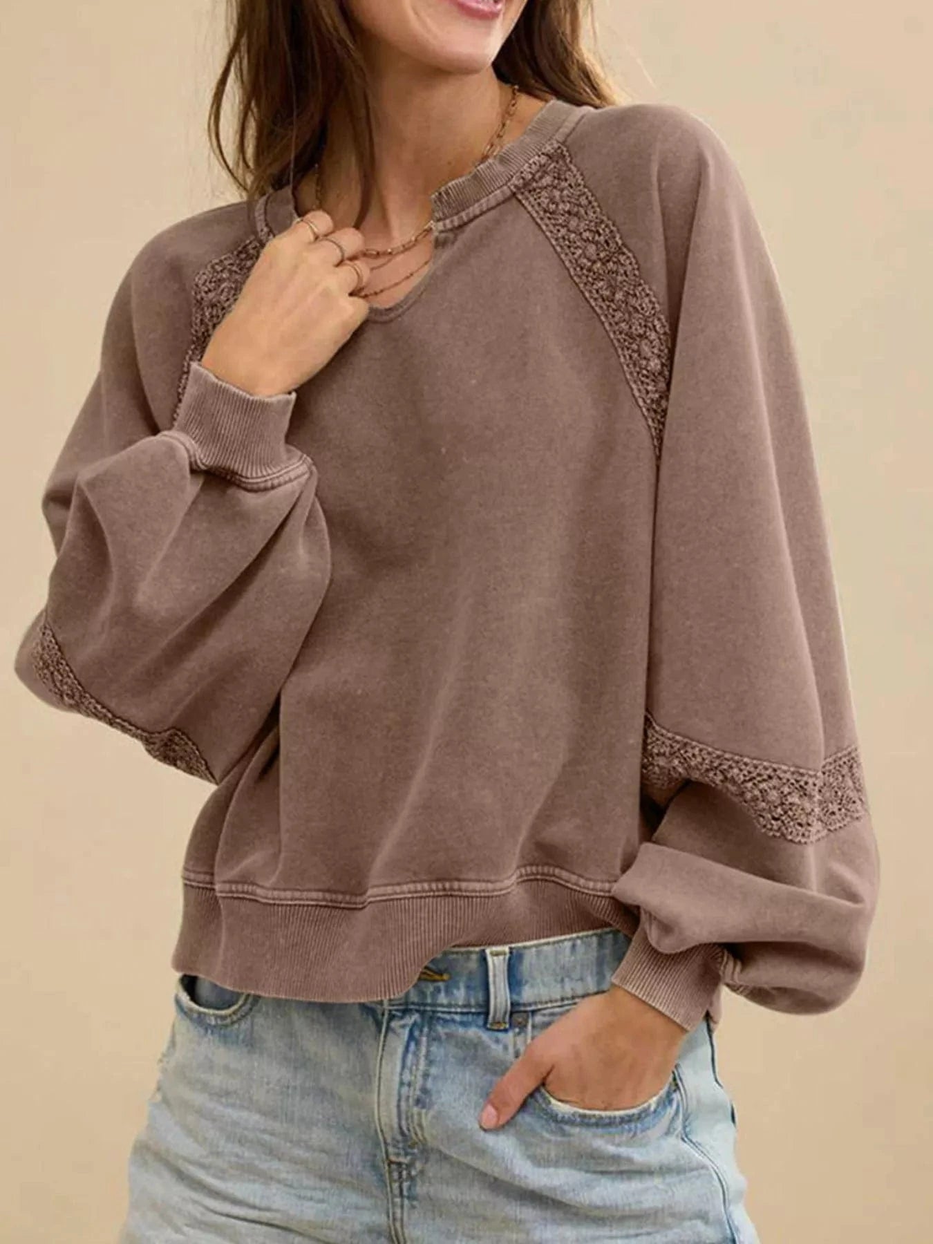 Playful Lace Detail Notched Sweatshirt Sweatshirt Coffee Brown / S The Nichole Collection