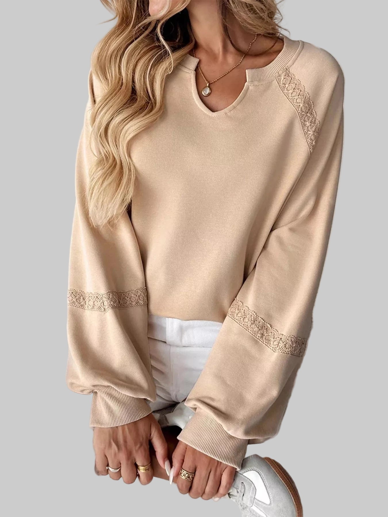 Playful Lace Detail Notched Sweatshirt Sweatshirt Apricot / S The Nichole Collection
