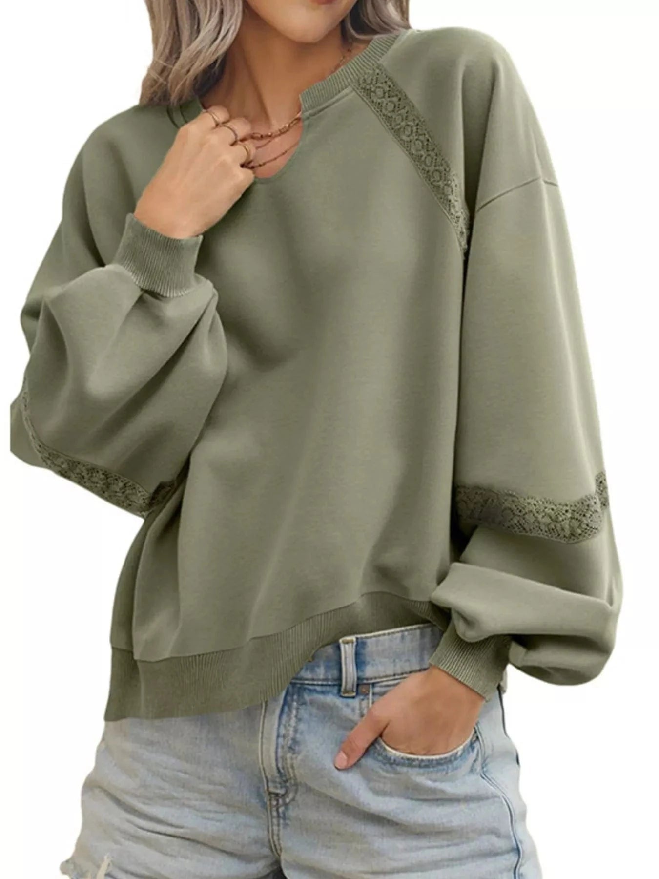 Playful Lace Detail Notched Sweatshirt Sweatshirt Matcha Green / S The Nichole Collection