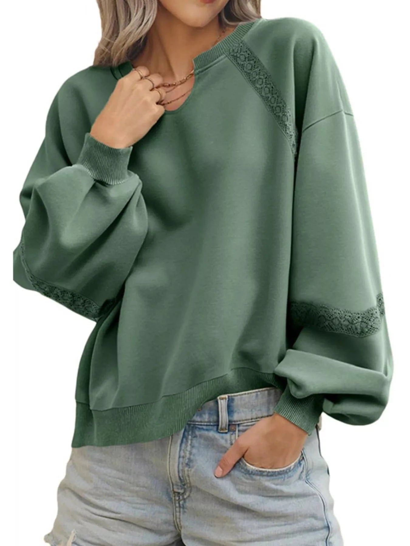 Playful Lace Detail Notched Sweatshirt Sweatshirt Green / S The Nichole Collection