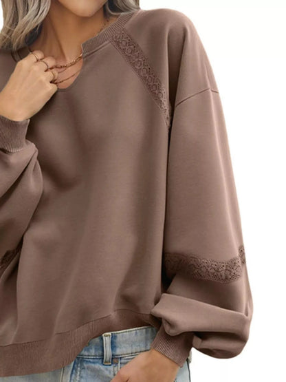 Playful Lace Detail Notched Sweatshirt Sweatshirt The Nichole Collection