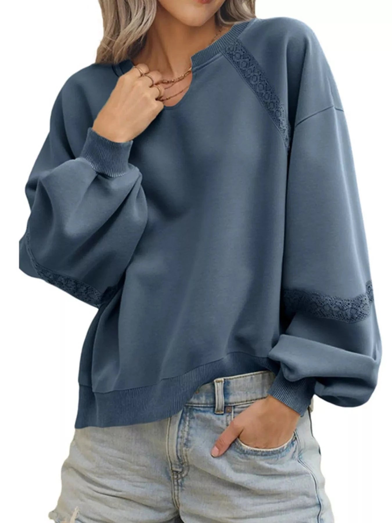 Playful Lace Detail Notched Sweatshirt Sweatshirt Dark Blue / S The Nichole Collection